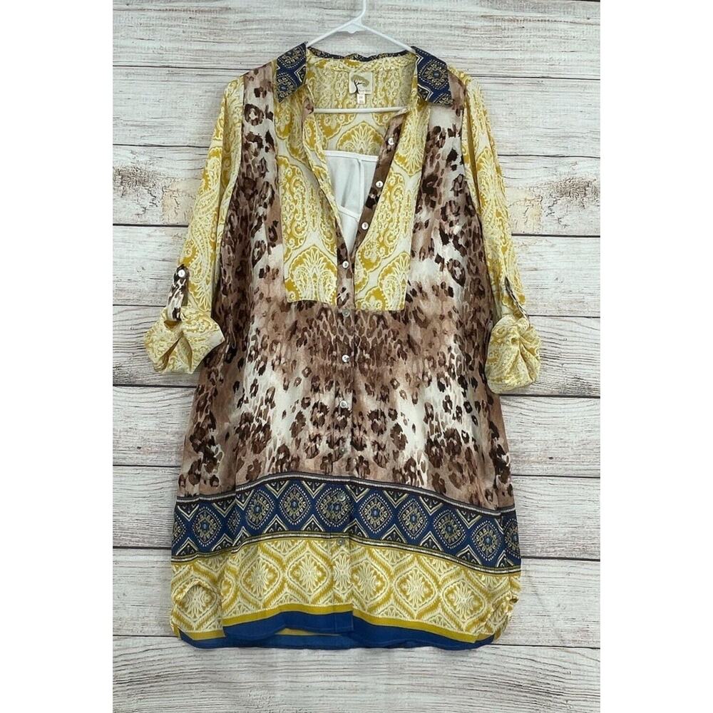 Fig & Flower Boho Print Slip Lined Button Down Sh… - image 1